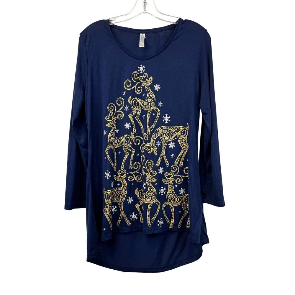 M&C Women’s Long Sleeve Scoop Neck Reindeer Top Navy/Metallic Size Large
